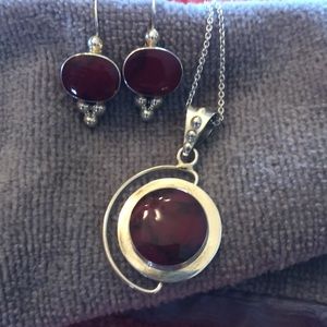 Necklace and earrings silver and red tones